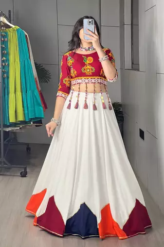 White rayon cotton party wear embroidery navratri lehenga choli