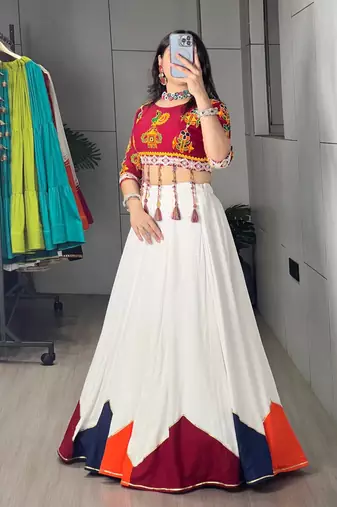 White rayon cotton party wear embroidery navratri lehenga choli