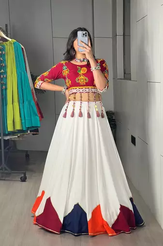 White rayon cotton party wear embroidery navratri lehenga choli