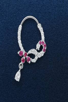 Silver Plated Pink Stone Nath | Indian Bridal Nose Ring 1