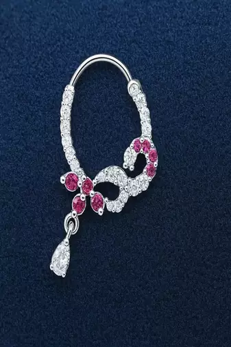 Silver Plated Pink Stone Nath | Indian Bridal Nose Ring
