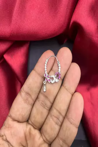 Silver Plated Pink Stone Nath | Indian Bridal Nose Ring