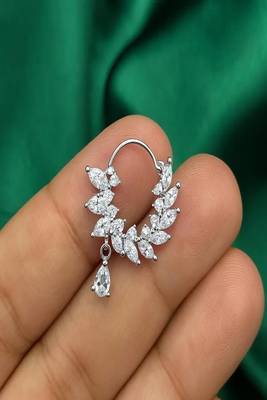 Silver CZ Leaf Nose Ring | Bridal Nathni, Teardrop Charm (Pierced) 1