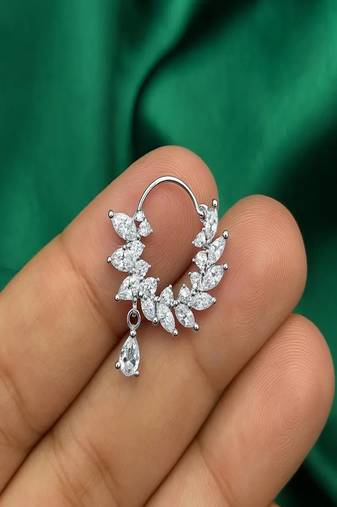 Silver CZ Leaf Nose Ring | Bridal Nathni, Teardrop Charm (Pierced)