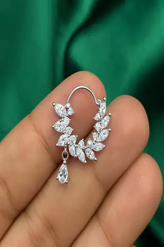 Silver CZ Leaf Nose Ring | Bridal Nathni, Teardrop Charm (Pierced)