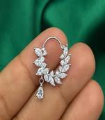 Silver CZ Leaf Nose Ring | Bridal Nathni, Teardrop Charm (Pierced)