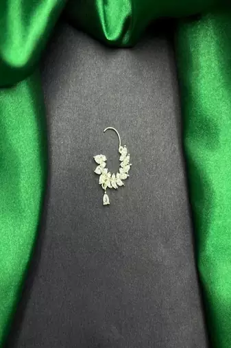 Silver CZ Leaf Nose Ring | Bridal Nathni, Teardrop Charm (Pierced)