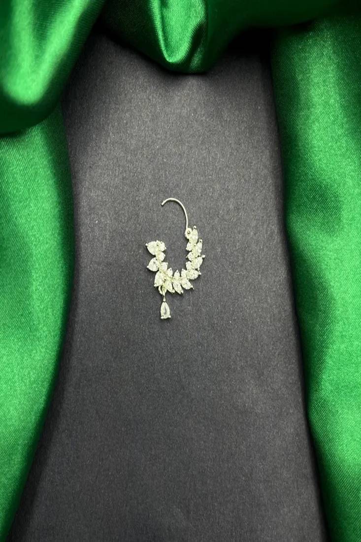Silver CZ Leaf Nose Ring | Bridal Nathni, Teardrop Charm (Pierced)
