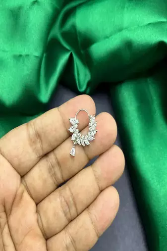 Silver CZ Leaf Nose Ring | Bridal Nathni, Teardrop Charm (Pierced)