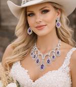 Purple Crystal Bridal Necklace Earrings Set, Silver Rhinestone Statement Jewelry