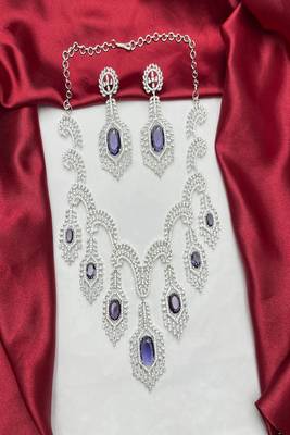 Purple Crystal Bridal Necklace Earrings Set, Silver Rhinestone Statement Jewelry 2