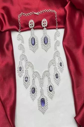 Purple Crystal Bridal Necklace Earrings Set, Silver Rhinestone Statement Jewelry