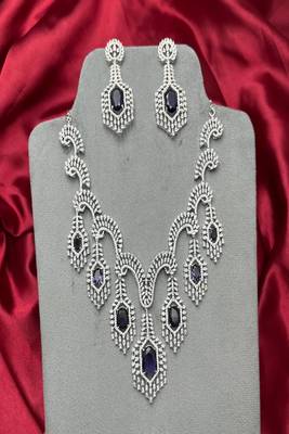 Purple Crystal Bridal Necklace Earrings Set, Silver Rhinestone Statement Jewelry 3