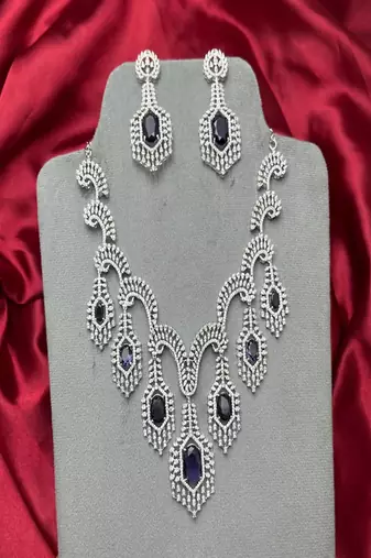Purple Crystal Bridal Necklace Earrings Set, Silver Rhinestone Statement Jewelry