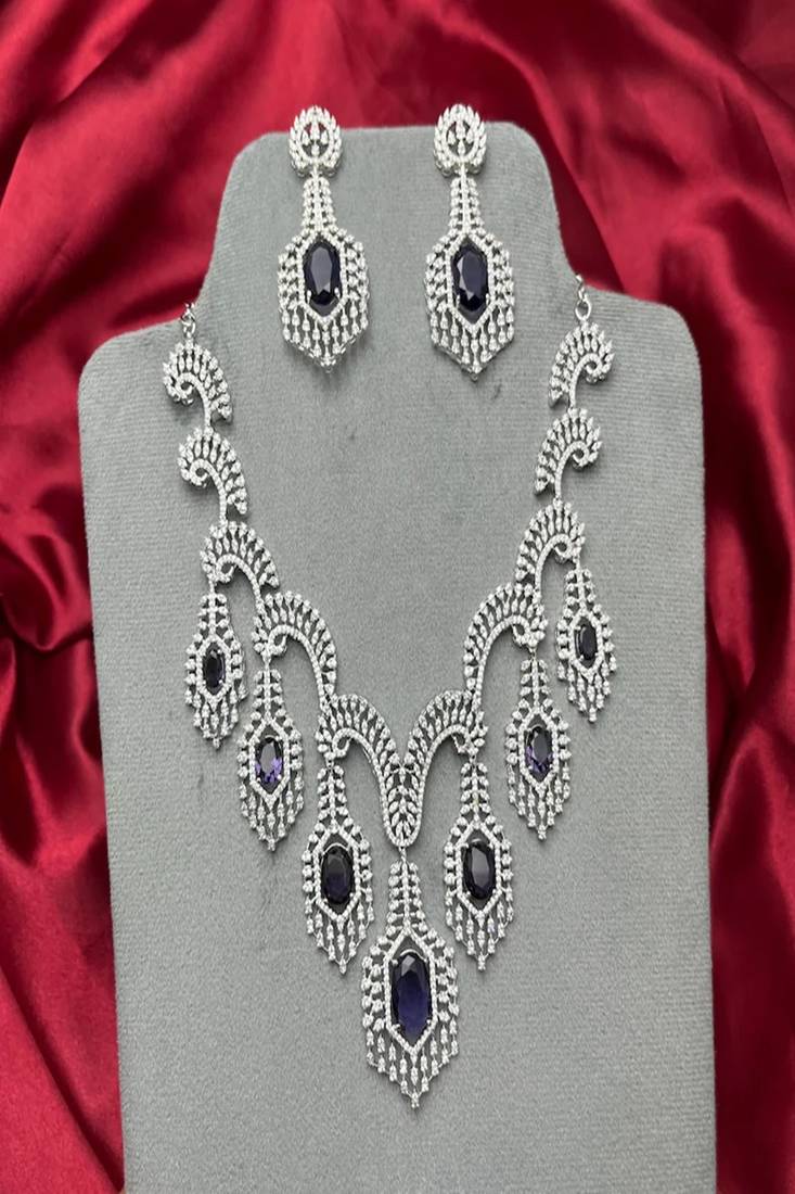 Purple Crystal Bridal Necklace Earrings Set, Silver Rhinestone Statement Jewelry