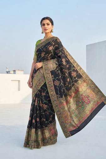 Black Jaqurad Weaving All Over Body Jaal With Border Naylon Dola Pashmina Silk Saree