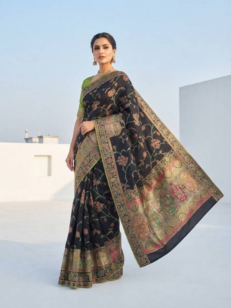 Black Color Jaqurad Weaving All Over Body Jaal With Border Naylon Dola Pashmina Silk Saree
