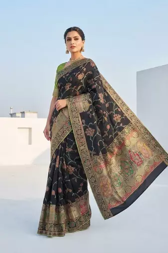 Black Color Jaqurad Weaving All Over Body Jaal With Border Naylon Dola Pashmina Silk Saree
