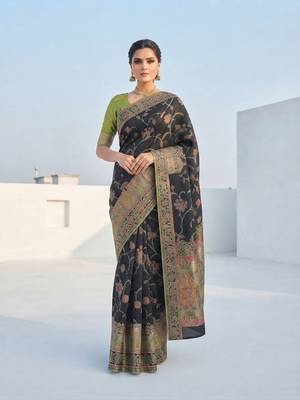 Black Color Jaqurad Weaving All Over Body Jaal With Border Naylon Dola Pashmina Silk Saree 2