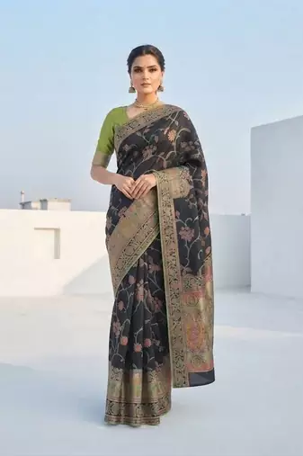 Black Color Jaqurad Weaving All Over Body Jaal With Border Naylon Dola Pashmina Silk Saree