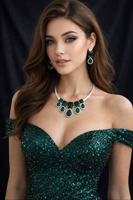 Emerald Green Crystal Bridal Statement Necklace Earrings Set, Wedding Prom Jewelry 1