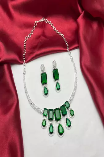 Emerald Green Crystal Bridal Statement Necklace Earrings Set, Wedding Prom Jewelry