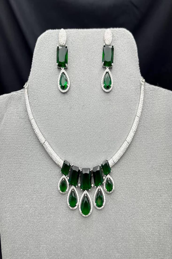 Emerald Green Crystal Bridal Statement Necklace Earrings Set, Wedding Prom Jewelry