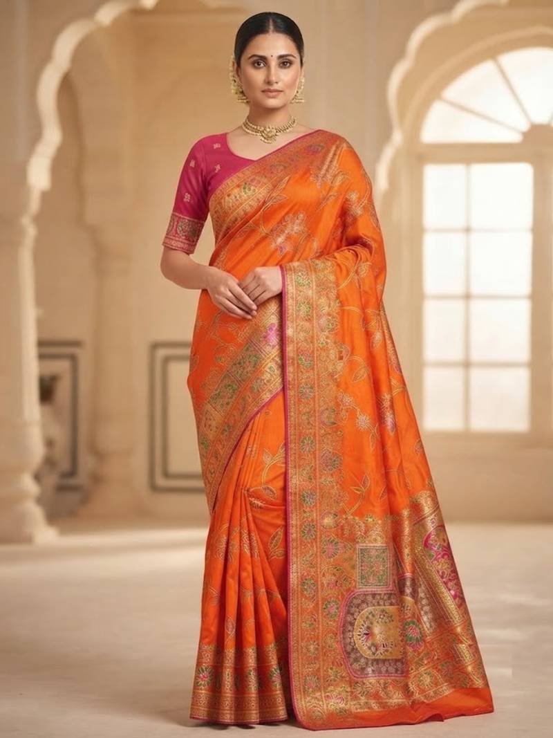 Orange Color Jaqurad Weaving All Over Body Jaal With Border Naylon Dola Pashmina Silk Saree