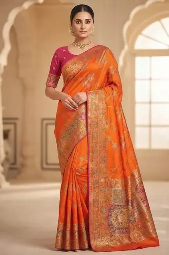 Orange Color Jaqurad Weaving All Over Body Jaal With Border Naylon Dola Pashmina Silk Saree