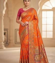 Orange Color Jaqurad Weaving All Over Body Jaal With Border Naylon Dola Pashmina Silk Saree