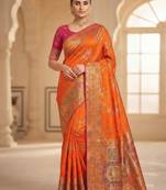 Orange Color Jaqurad Weaving All Over Body Jaal With Border Naylon Dola Pashmina Silk Saree