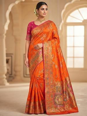 Orange Color Jaqurad Weaving All Over Body Jaal With Border Naylon Dola Pashmina Silk Saree 2