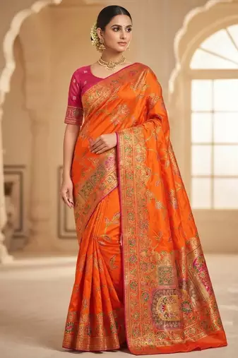 Orange Color Jaqurad Weaving All Over Body Jaal With Border Naylon Dola Pashmina Silk Saree