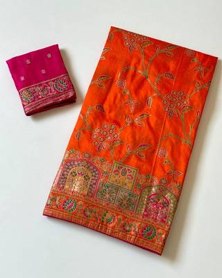Orange Color Jaqurad Weaving All Over Body Jaal With Border Naylon Dola Pashmina Silk Saree 4
