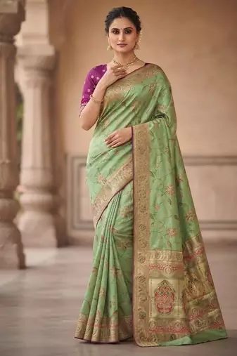 Parrot Green Color Jaqurad Weaving All Over Body Jaal With Border Naylon Dola Pashmina Silk Saree