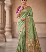 Parrot Green Color Jaqurad Weaving All Over Body Jaal With Border Naylon Dola Pashmina Silk Saree