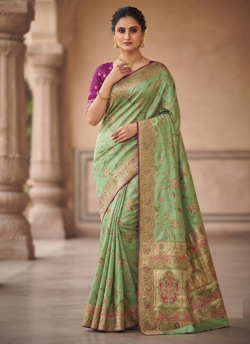 Parrot Green Color Jaqurad Weaving All Over Body Jaal With Border Naylon Dola Pashmina Silk Saree
