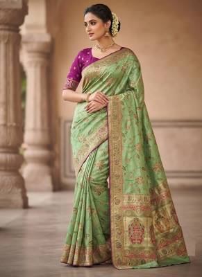 Parrot Green Color Jaqurad Weaving All Over Body Jaal With Border Naylon Dola Pashmina Silk Saree 2