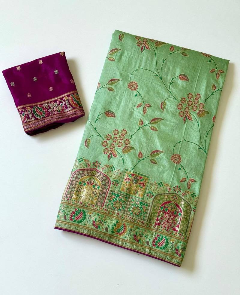 Parrot Green Color Jaqurad Weaving All Over Body Jaal With Border Naylon Dola Pashmina Silk Saree