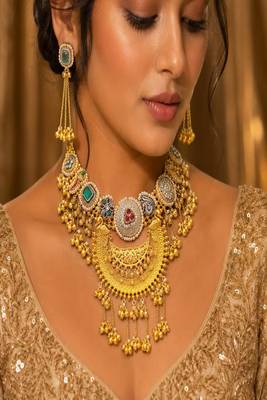 Chandbali Necklace Earrings Set | Antique Gold Kashmiri Kundan Pearl Statement 1