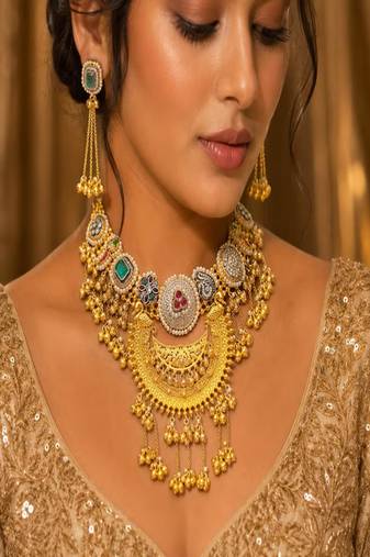 Chandbali Necklace Earrings Set | Antique Gold Kashmiri Kundan Pearl Statement