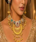 Chandbali Necklace Earrings Set | Antique Gold Kashmiri Kundan Pearl Statement