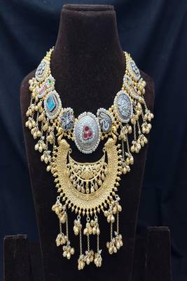 Chandbali Necklace Earrings Set | Antique Gold Kashmiri Kundan Pearl Statement 3