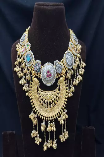Chandbali Necklace Earrings Set | Antique Gold Kashmiri Kundan Pearl Statement