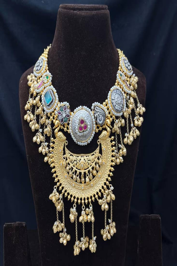 Chandbali Necklace Earrings Set | Antique Gold Kashmiri Kundan Pearl Statement