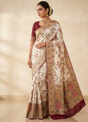White Color Jaqurad Weaving All Over Body Jaal With Border Naylon Dola Pashmina Silk Saree 1
