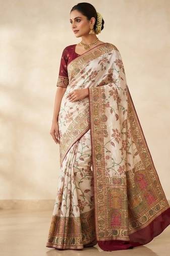 White Jaqurad Weaving All Over Body Jaal With Border Naylon Dola Pashmina Silk Saree