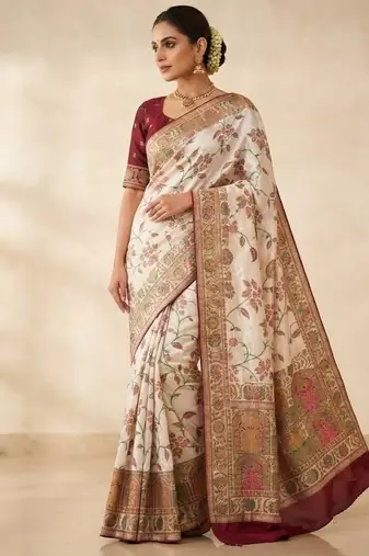White Color Jaqurad Weaving All Over Body Jaal With Border Naylon Dola Pashmina Silk Saree