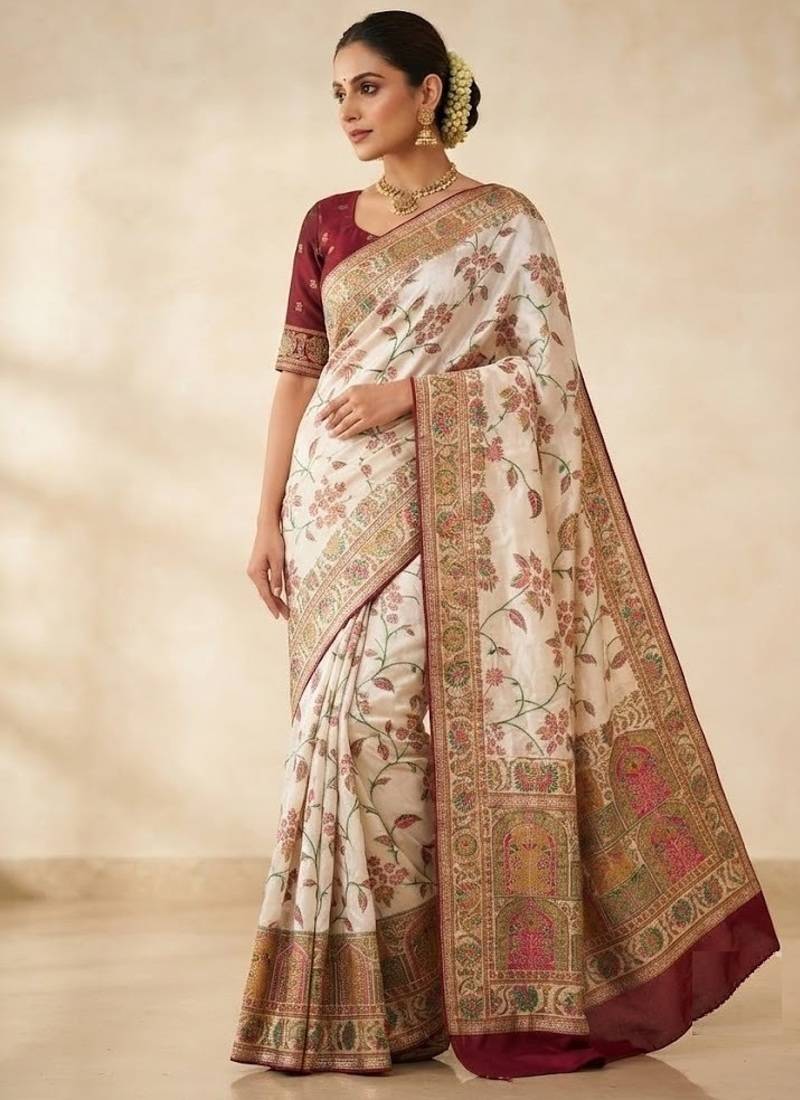 White Color Jaqurad Weaving All Over Body Jaal With Border Naylon Dola Pashmina Silk Saree