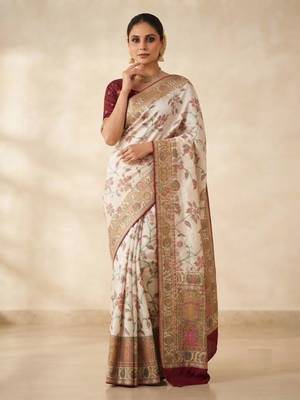 White Color Jaqurad Weaving All Over Body Jaal With Border Naylon Dola Pashmina Silk Saree 2